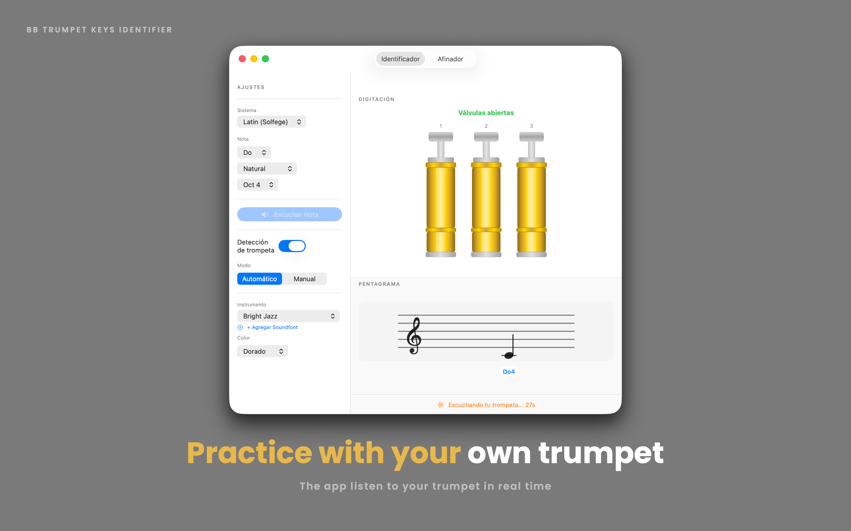 Practice with your own trumpet โ the app listens in real time