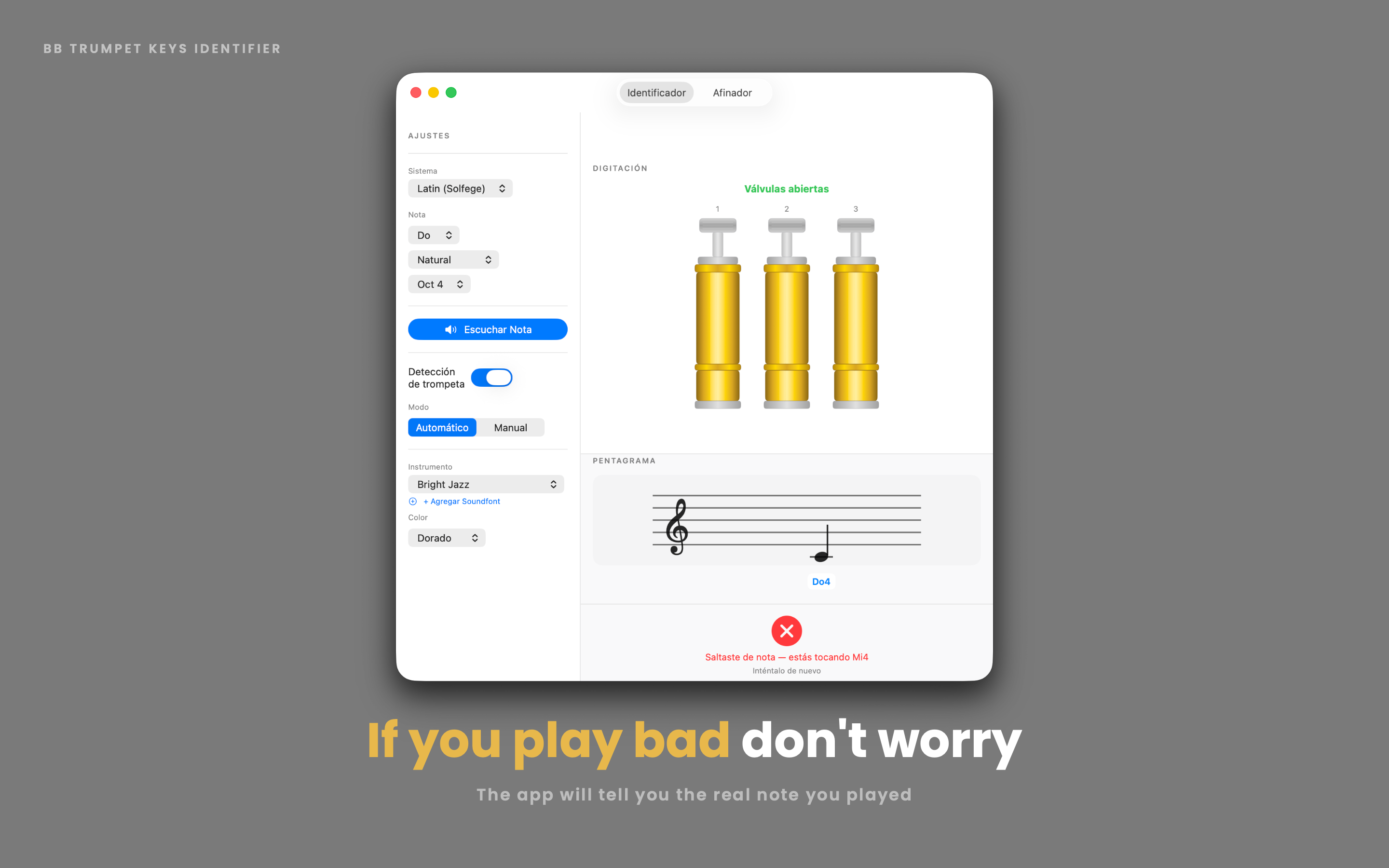 If you play a wrong note, the app tells you the real note you played
